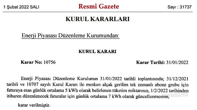 Elektrik faturası / Enerji Piyasa Düzenleme Kurulu’nun kurul kararı Resmi Gazete’de yayımlandı.